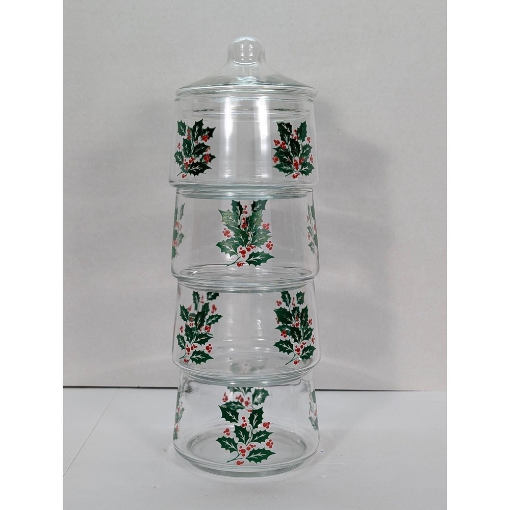 Vintage Indiana Glass Holly Berry Stacked Glass Tiered Canister Set 4 Apothecary